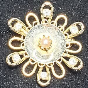 Clear Rhinestone Faux Pearl Gold Tone Vtg Unsigned 1.5" Floral Flower